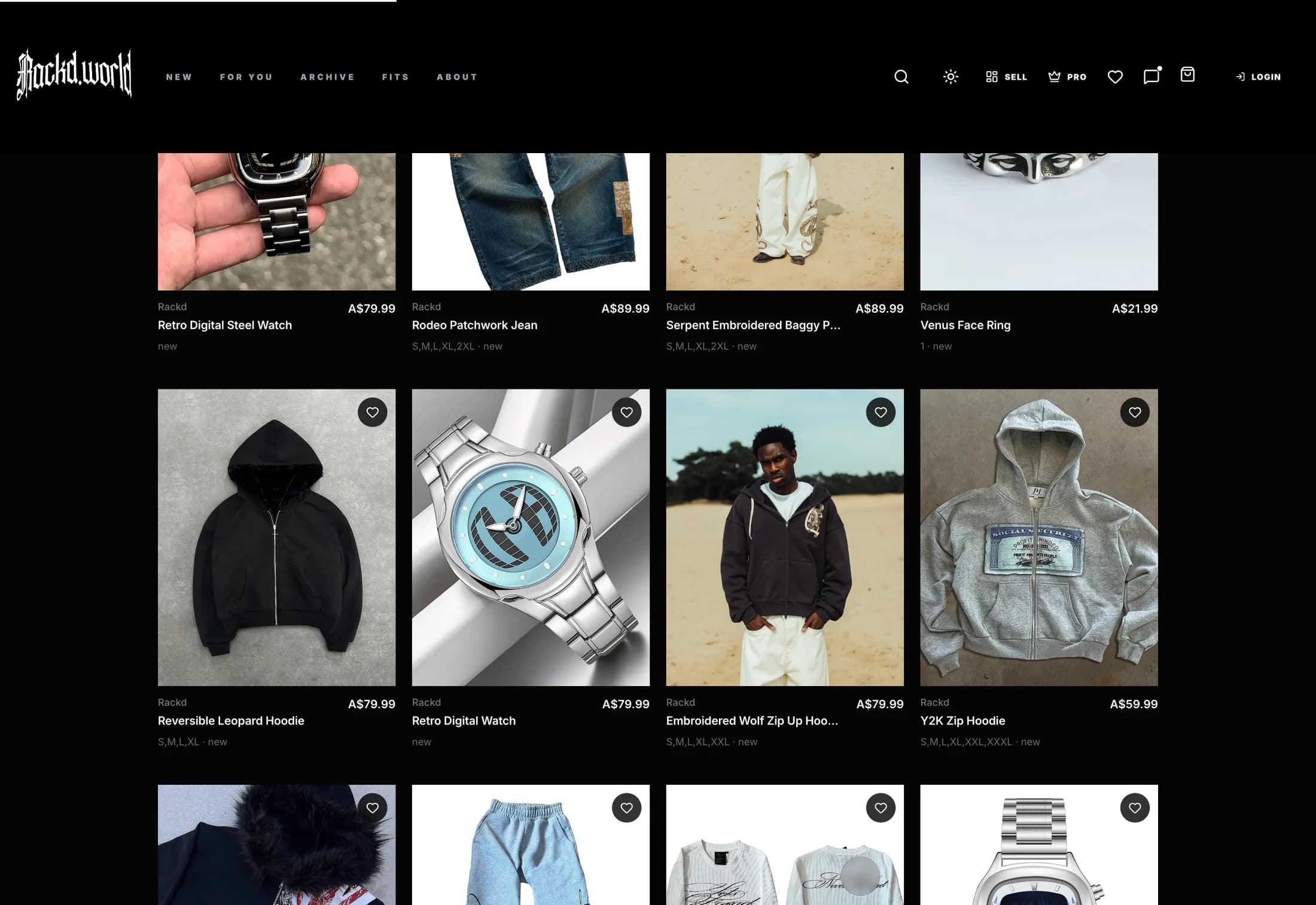 Rackd product grid showing live marketplace listings