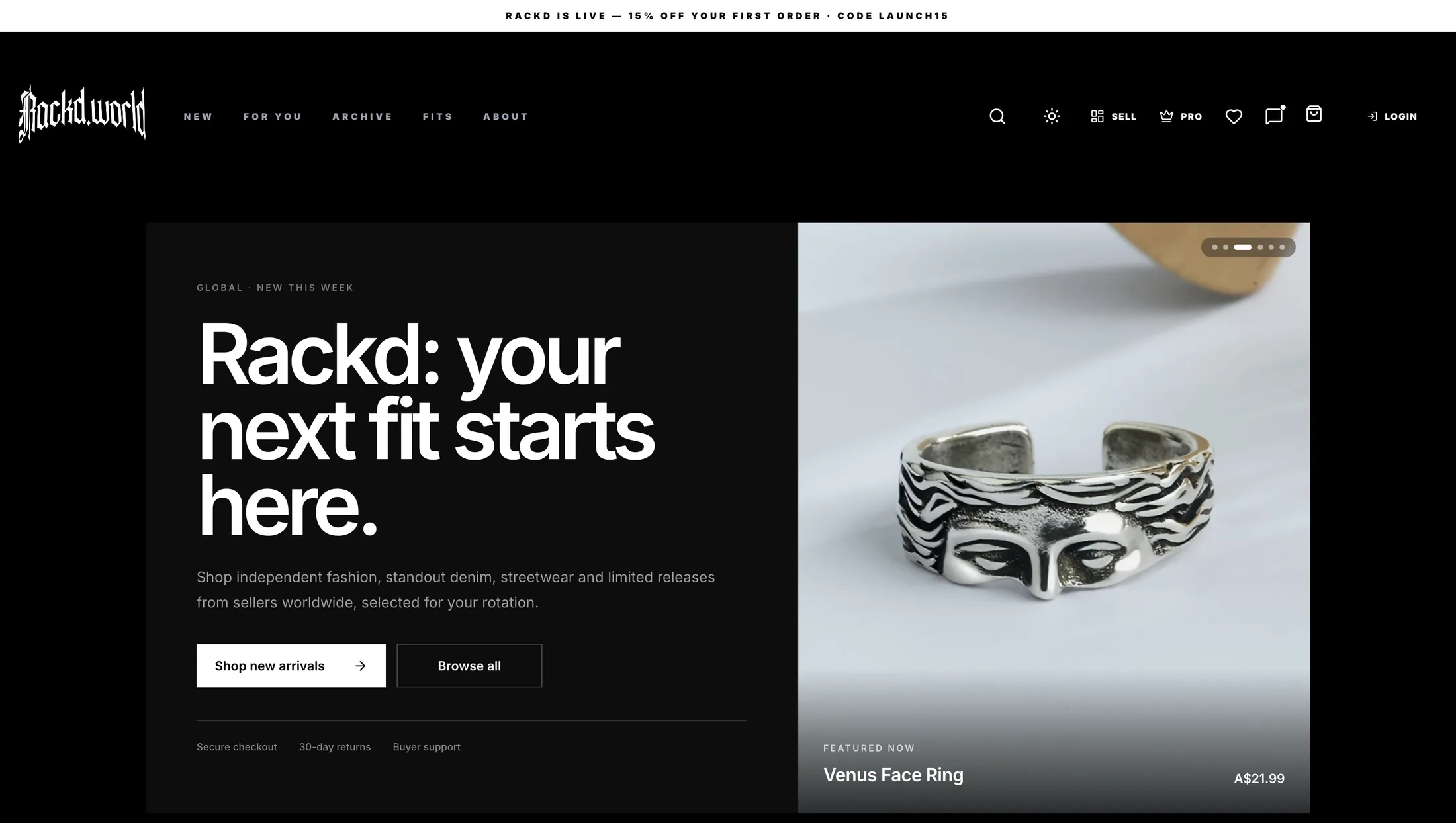 Rackd marketplace homepage with featured product photography