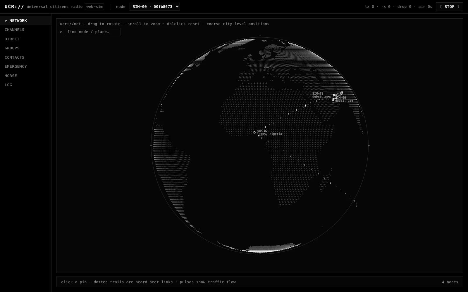 UCR desktop app showing a live ASCII globe network view with simulated mesh nodes
